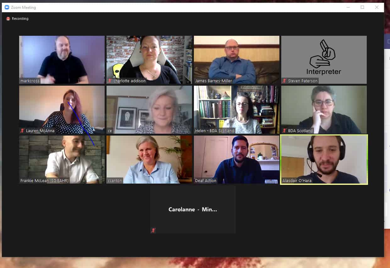 Group of people in a virtual meeting discussing the BSL (Scotland) Act 2015.