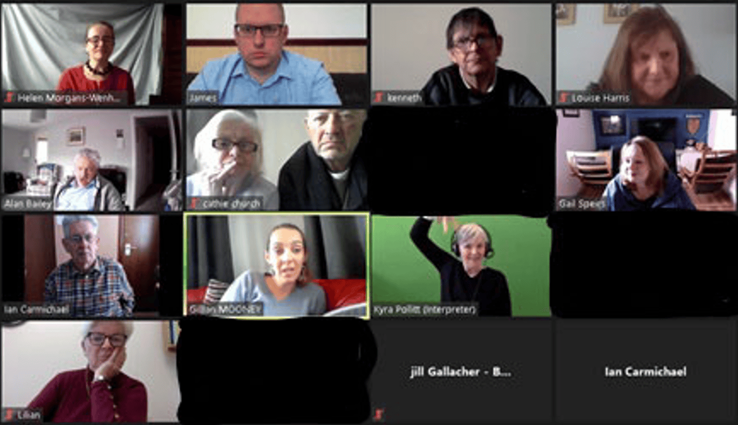 Virtual meeting discussing the BSL (Scotland) Act 2015 with interpreters and officials.
