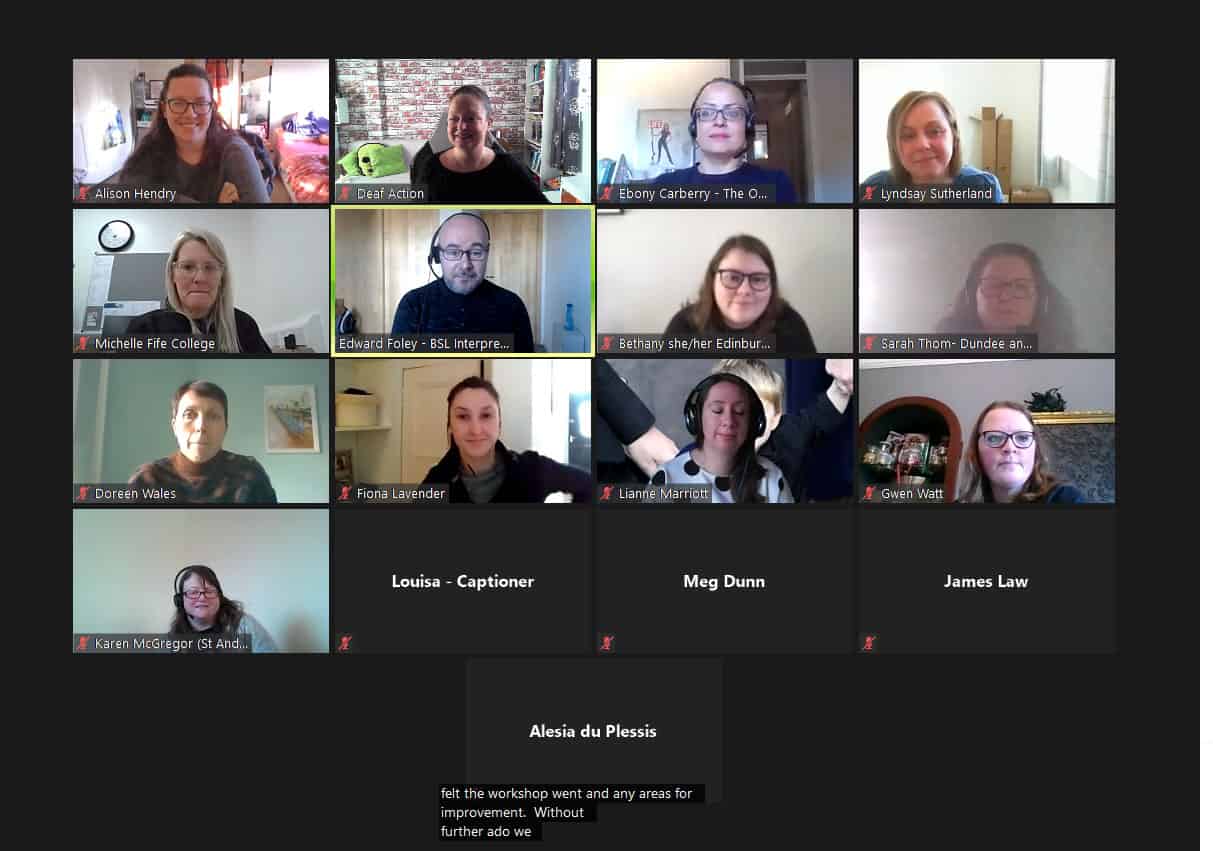 Online meeting discussing the BSL (Scotland) Act 2015 and its impact.