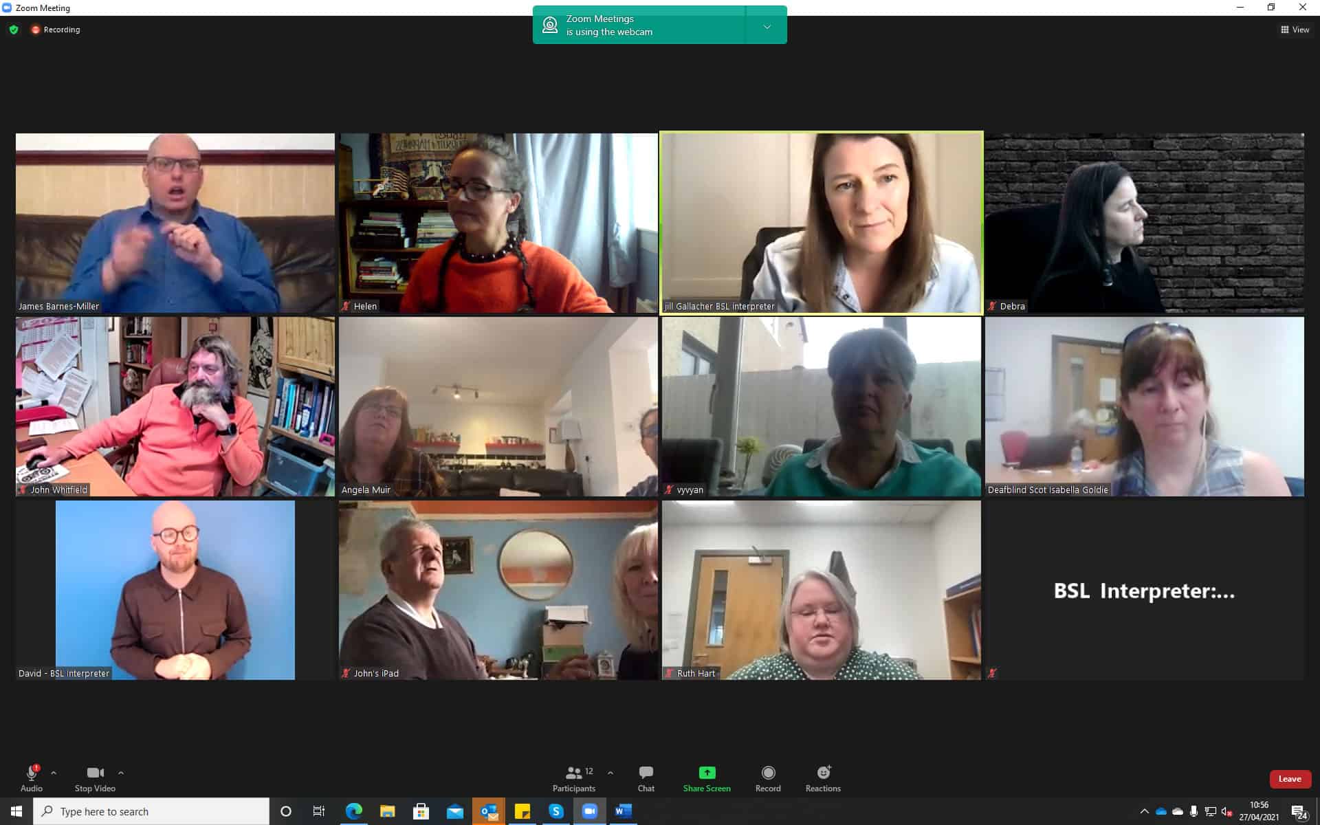 Sign language interpreter and participants discussing the BSL Act 2015 in a virtual meeting.