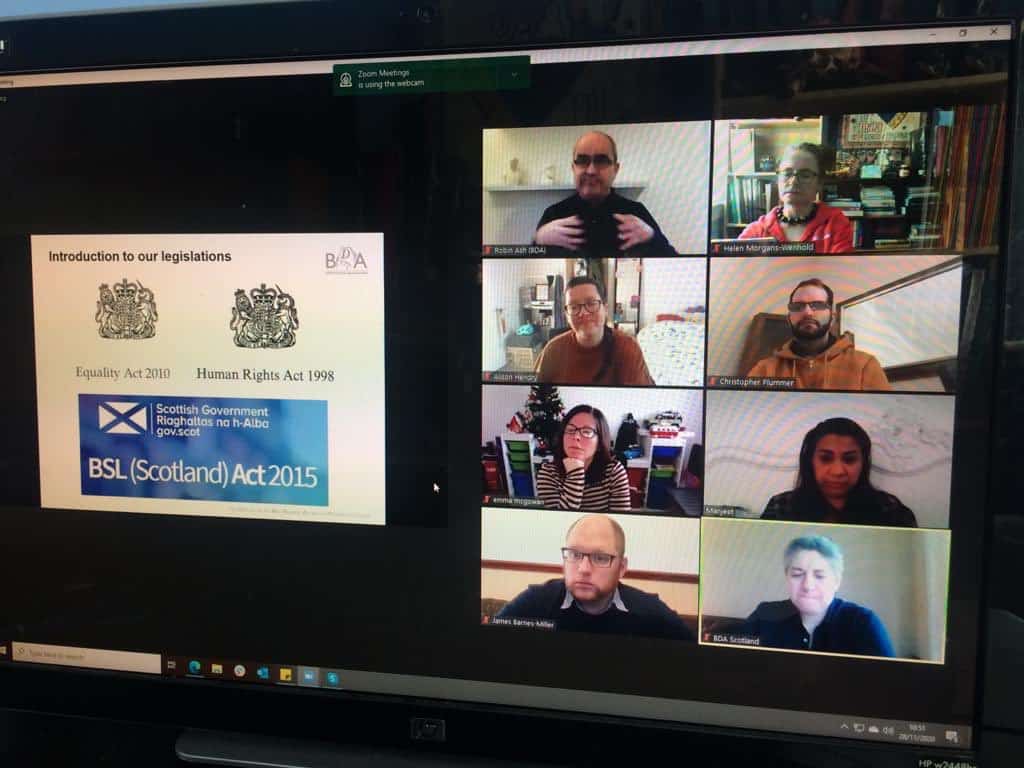 Screenshot of a virtual meeting discussing the BSL (Scotland) Act 2015.