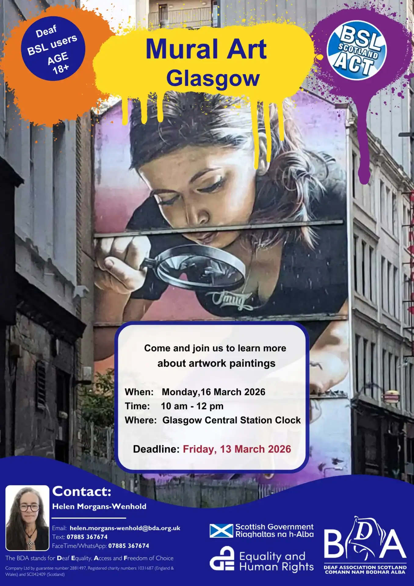 Colorful mural in Glasgow promoting BSL (Scotland) Act 2015 awareness.