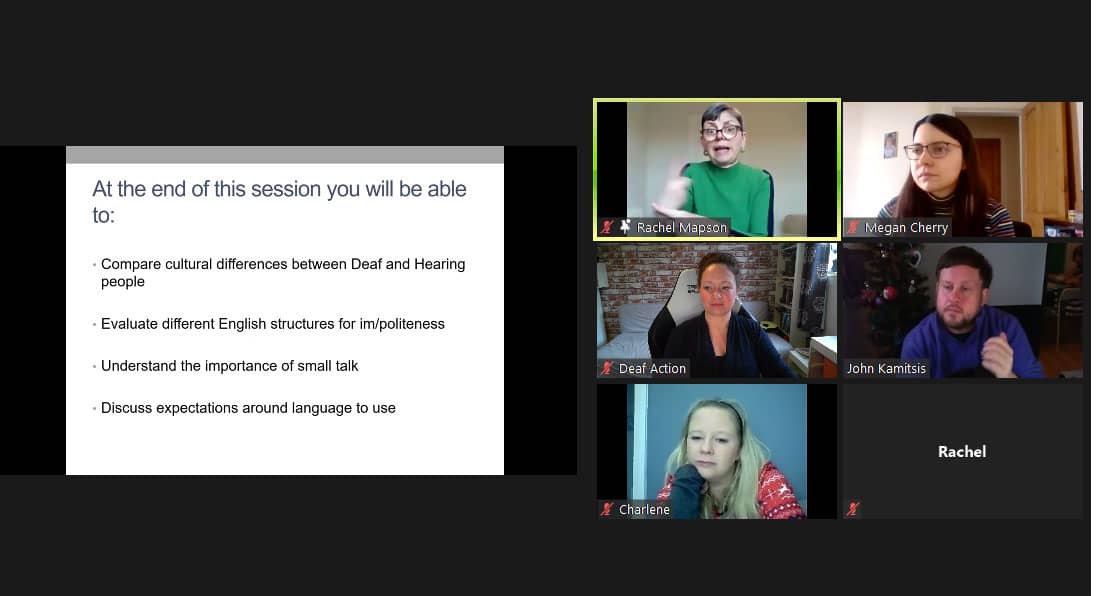 Online session discussing the BSL (Scotland) Act 2015 and deaf awareness.