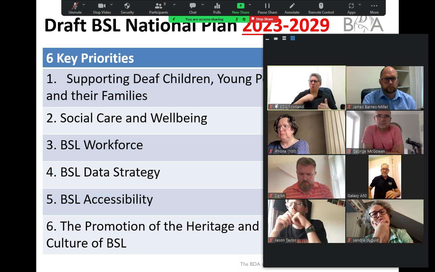 Screenshot of BSL (Scotland) Act 2015 key priorities presentation during a virtual meeting.