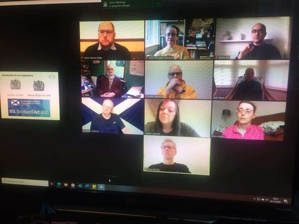 Virtual meeting discussing the BSL (Scotland) Act 2015 with diverse participants.